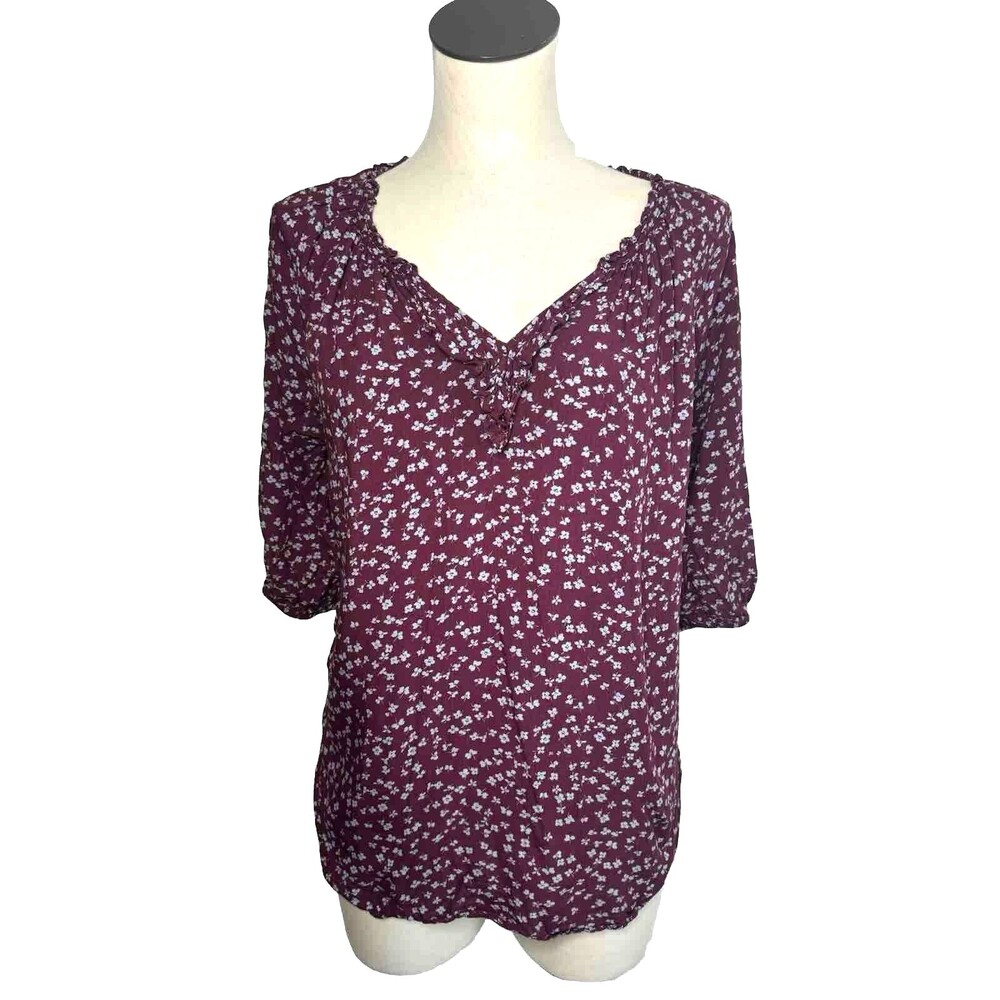 A.N.A. V-Neck Ruffle Floral Tunic Top100% Rayon Medium Large